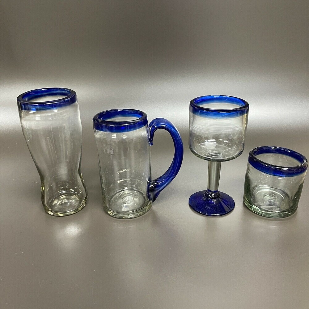 Vintage‎ Mexican Glasses Cup Mug Cobalt Blue Clear Blown Glass Lot of 4